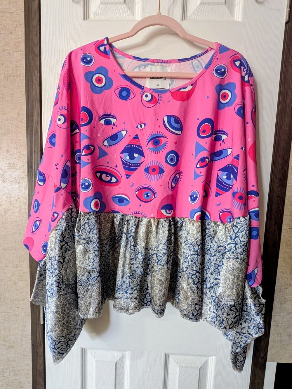 OOAK Handmade Mixed Media Peplum Blouse - Evil Eye & Paisley Print
